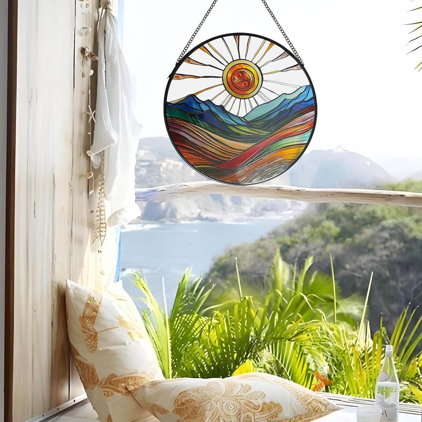 Sun Mountains Stained Glass Window Hanging, 9.8’’Sun Catcher Glass Panel Boho Wall Art Decor with Chain, Hand Painted Round Glass Gifts for Couples, Housewarming Gift