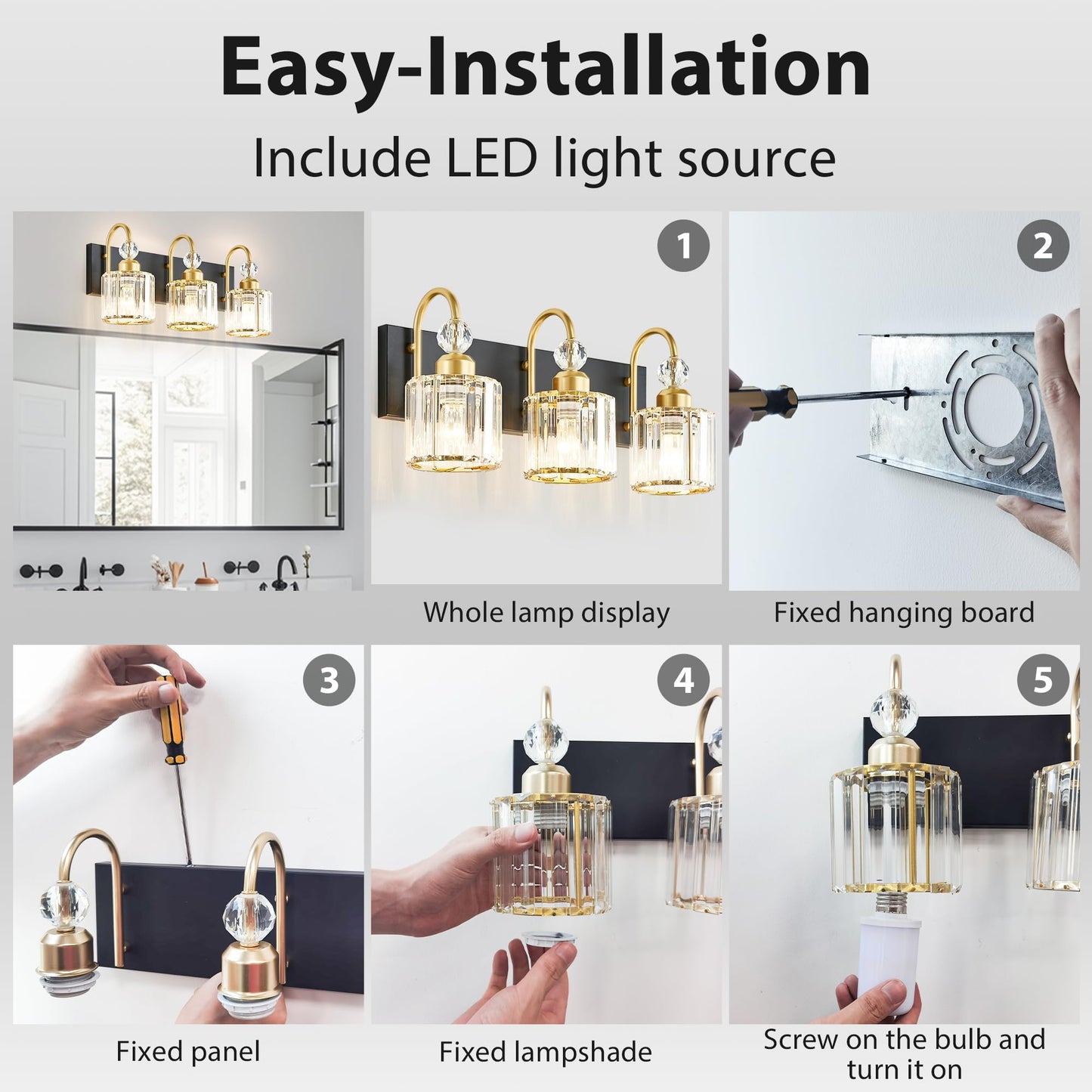 Diamondforge Bathroom Vanity Light Fixtures Over Mirror  Makeup Lighting For Modern Wall  Bath  Desk  Farmhouse  Hallway  3 Crystal Lights  Black Gold