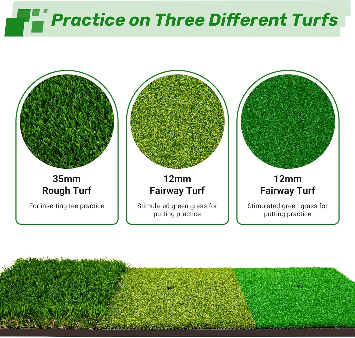 3-in-1 Golf Chipping Mat – Tri-Turf Golf Practice Mat for Indoor & Outdoor Use, Durable Grass Hitting Pad for Driving, Chipping & Putting Training, Portable Backyard Golf Trainer