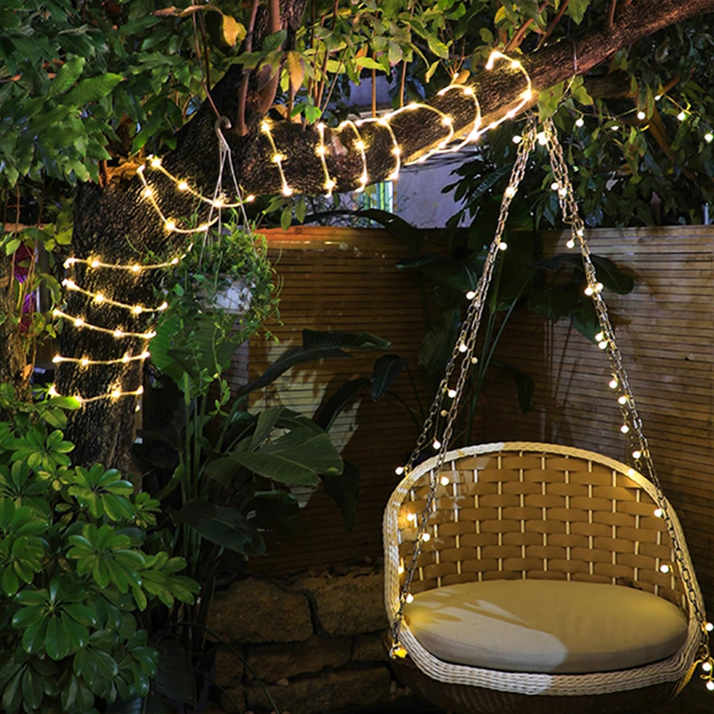 POTIVE Solar Rope Lights, 66Ft, 200 LED, Warm White, Waterproof, 8 Modes for Outdoor Decor