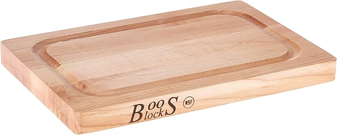 John Boos Chop-N-Slice Series Rectangular Wooden Maple Cutting Board 12”x8” – 1” Thick, 3-lb Reversible Butcher Block with Eased Corners, Juice Groove & Edge-Grain – Made in the USA