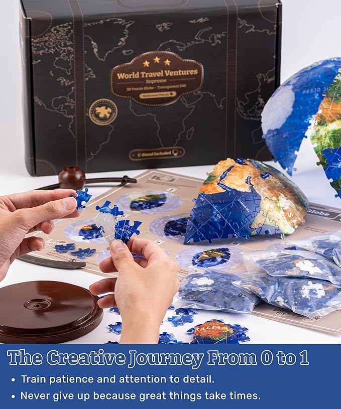 Pintoo 3-D Puzzle Globe Supreme Large 9" Earth Globe Decor with 540 Curved & Translucent & Tactile Puzzle Pieces - Globes of The World for Unisex Adults, Explorers, Business, Home Decoration [A3753]