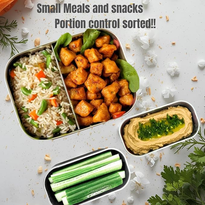 Leak proof Stainless Steel Lunch Box| Stainless Steel bento box | Sandwich, snack pack, Lunch Containers| |Steel Tupperware | Meal prep| Metal lunch box|Small| 1 * 27oz+ 2 * 6.5 OZ