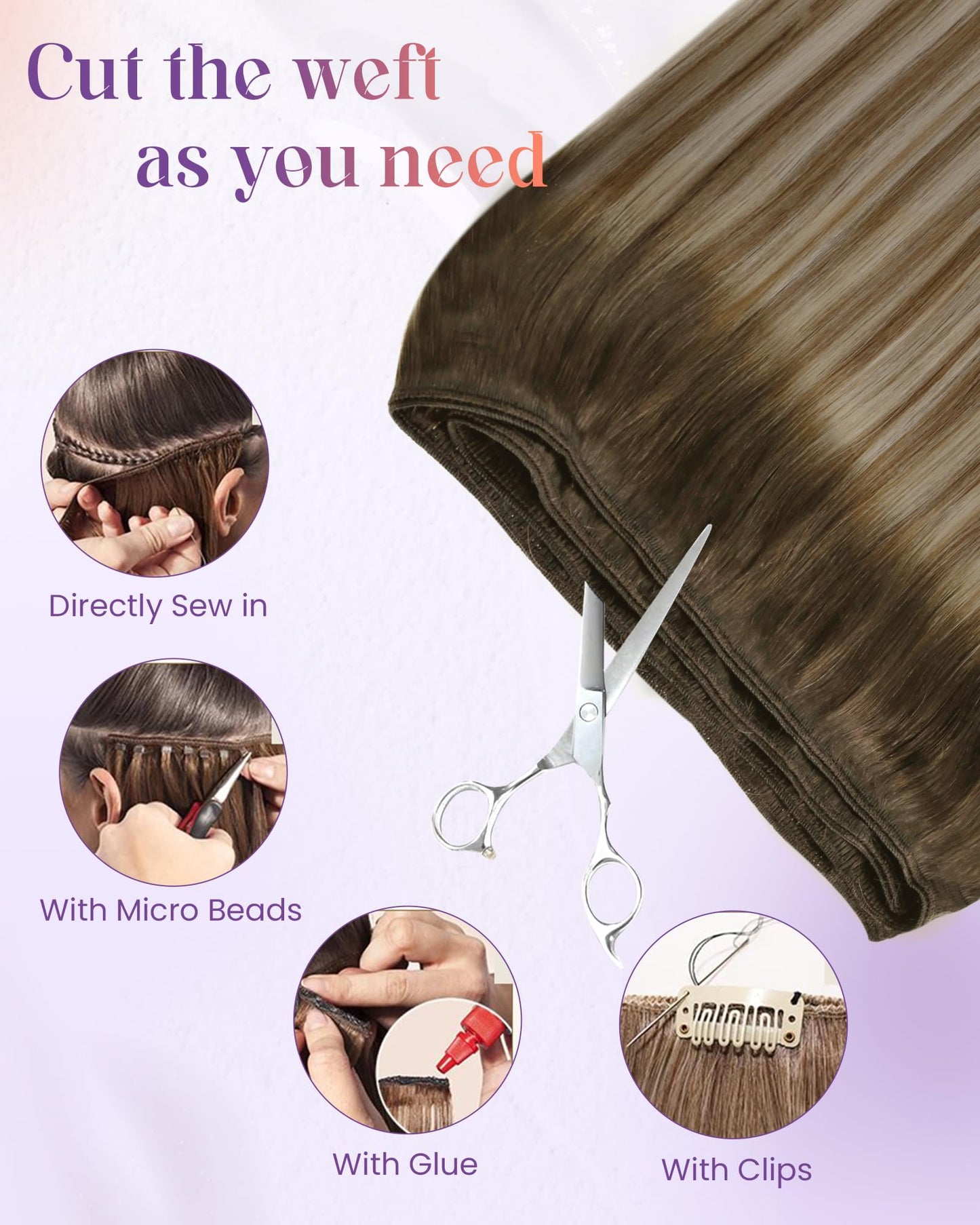LaaVoo Weft Hair Extensions Human Hair Brown Ombre Weft Extensions Dark Brown Balayage Light Brown Mix Caramel Blonde Sew in Hai