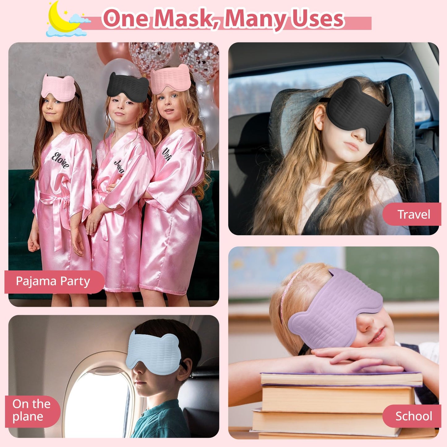 Kids Sleep Mask, 3D Sleeping Eye Mask for Kids with Adjustable Elastic Strap, Bear Shape Eye Cover with Memory Foam, Soft & Light-Blocking, Gift for Boys Girls Teens Age 5–15 (Pink)