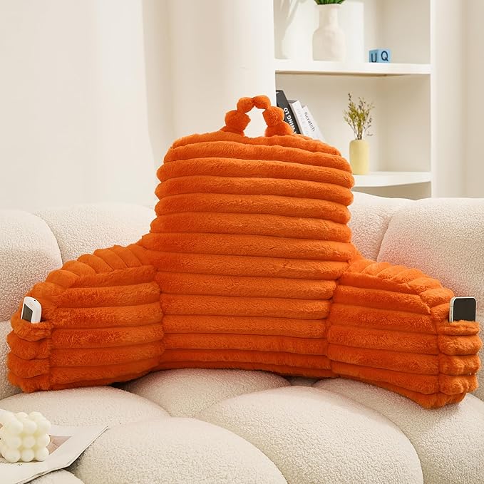 WERDIM Reading Pillow for Sitting in Bed, Faux Fur Back Pillow for Bed Rest, Bed Chair Pillow with Arms and Pockets(Standard, Orange)
