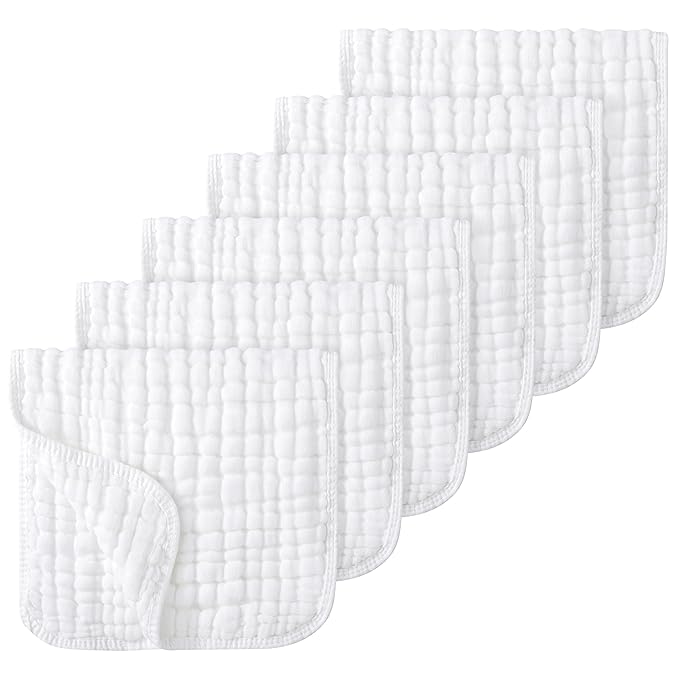 Looxii Muslin Burp Cloths Baby Girl 6 Pack - 20" x 10" - Ultra Soft & Absorbent, 6-Layer 100% Cotton for Spit Up & Drool- Gentle Baby Burping Cloth, Newborn Essentials Shower Gift Girl, White
