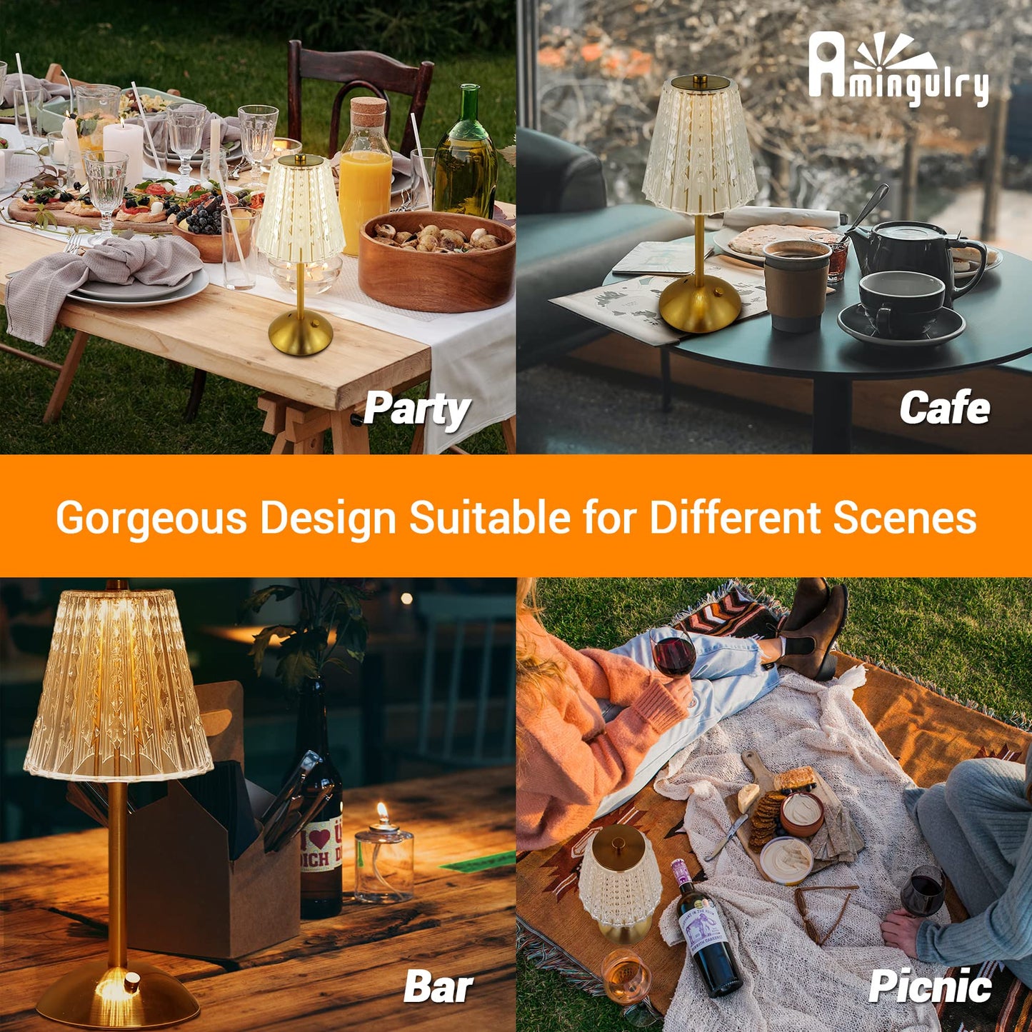 Amingulry Cordless Table Lamp, Rechargeable LED Touch Lamp, Stepless Dimmable, Little Size, Gold Fountain Metal
