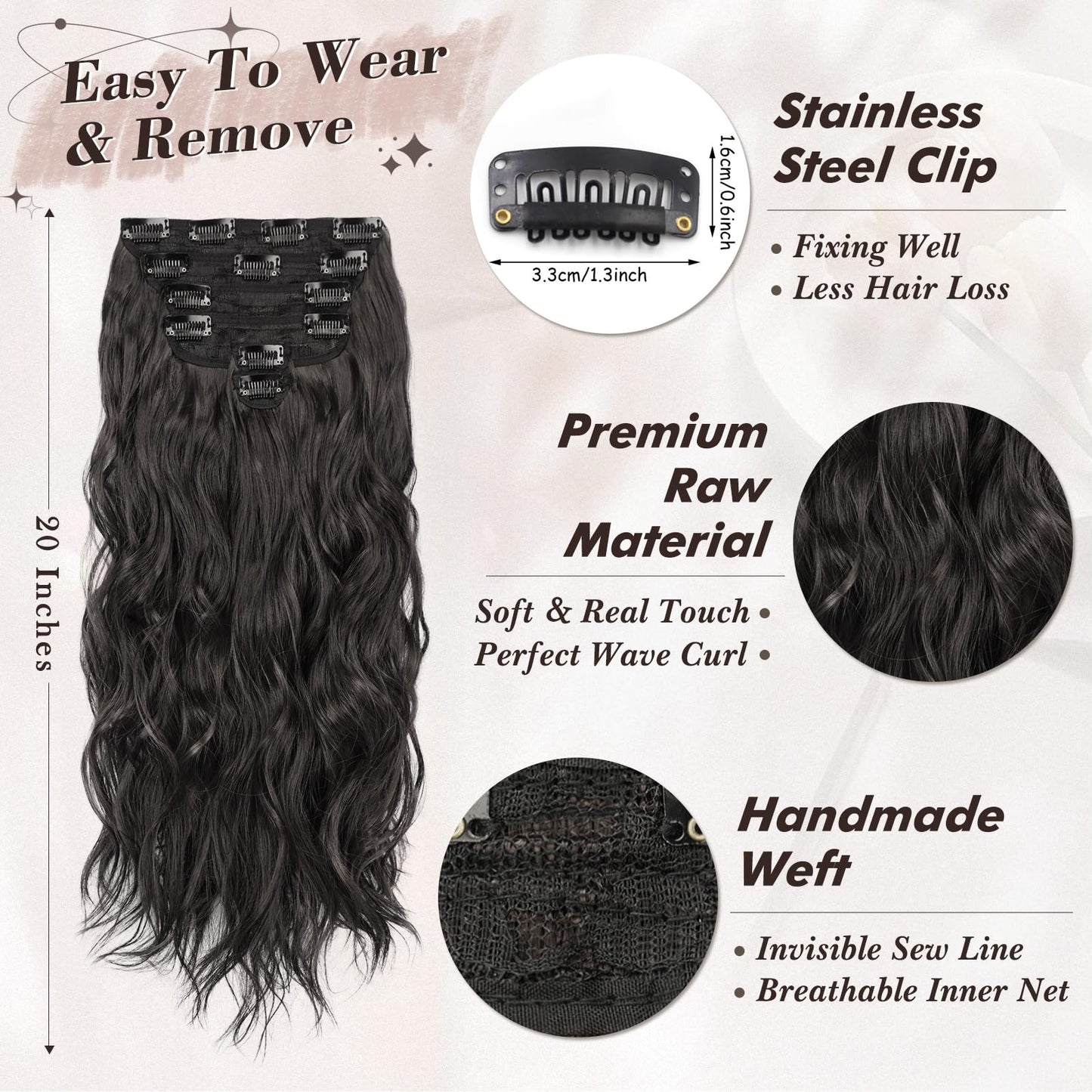BARSDAR 20 Inch Beach Wavy Clip in Hair Extensions - 6PCS Thick, Soft Synthetic Clip Hairpieces, Full Head Black Brown Clip in H
