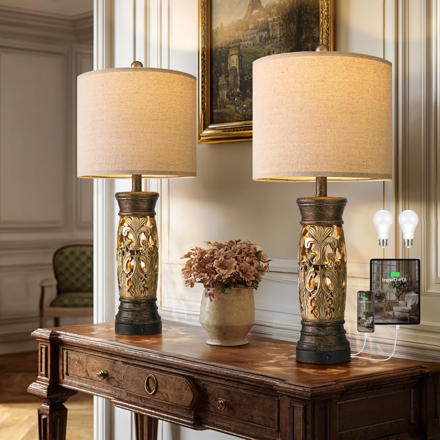 BOBOMOMO Table Lamps Set of 2, 27.25·Antique Gold, Resin, Vintage Design, USB A+C Ports, Bulbs Included