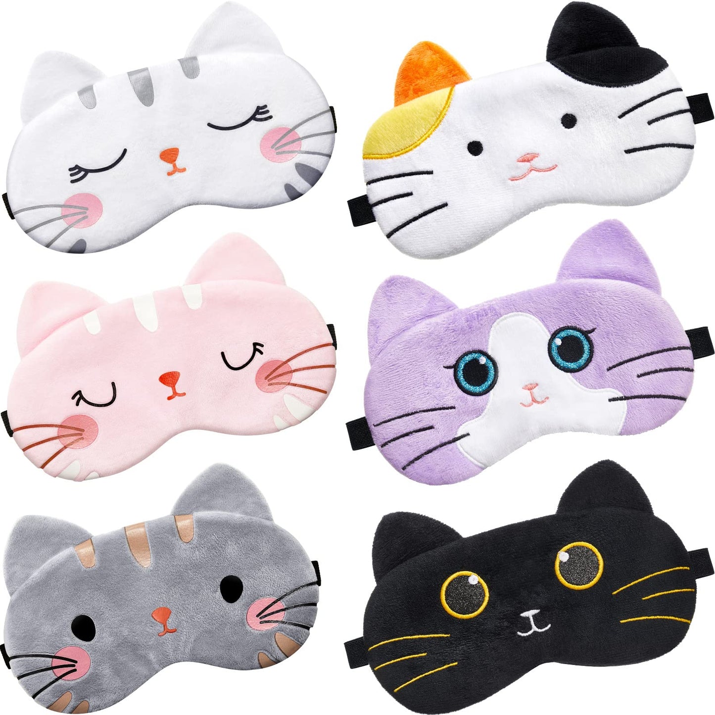Vicenpal 6 Pcs Kids Sleep Mask Cute Cat Animal Sleeping Eye Cover Soft Lightweight Eyeshade Kawaii Sleeping Mask Funny Cat Blindfolds for Women Girls Teens Kitty Slumber Birthday Party Favors