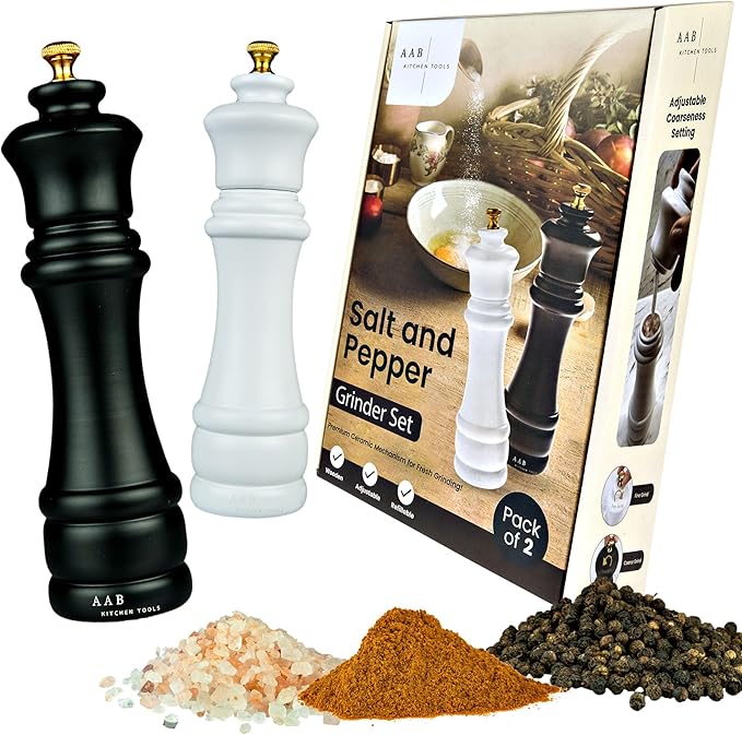 Wooden Black and White, Manual Refilable Large Salt And Pepper Grinder Set, Shaker with Adjustable Ceramic Grinding Mechanism for Customized Coarseness, 8 inches Large, Pack of 2