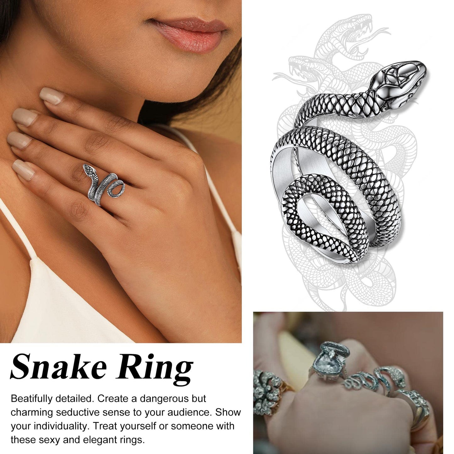Bestyle Vintage Stainless Steel Snake Ring for Women Men Adjustable Cool Rings Snake Jewelry Gothic Punk Finger Rings Fashion Ha