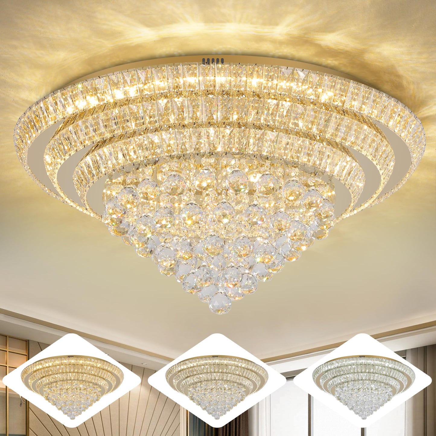 Miuyhji Large LED Crystal Raindrop Chandelier Light Fixture, 30in Rose Gold, Dimmable, Remote Control for Living Room, Kitchen, Bedroom