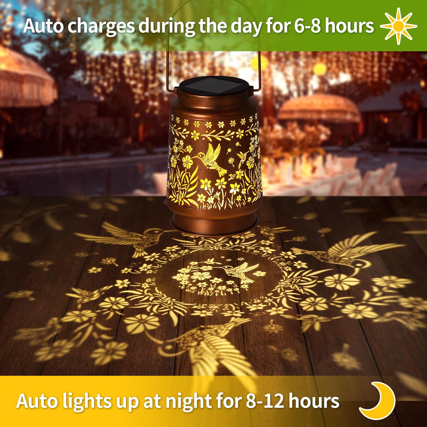 Kaakuuki 2 Pack Solar Lanterns, Waterproof Metal LED Garden Light, Bronze Color, Model HW10-2P for Outdoor Use