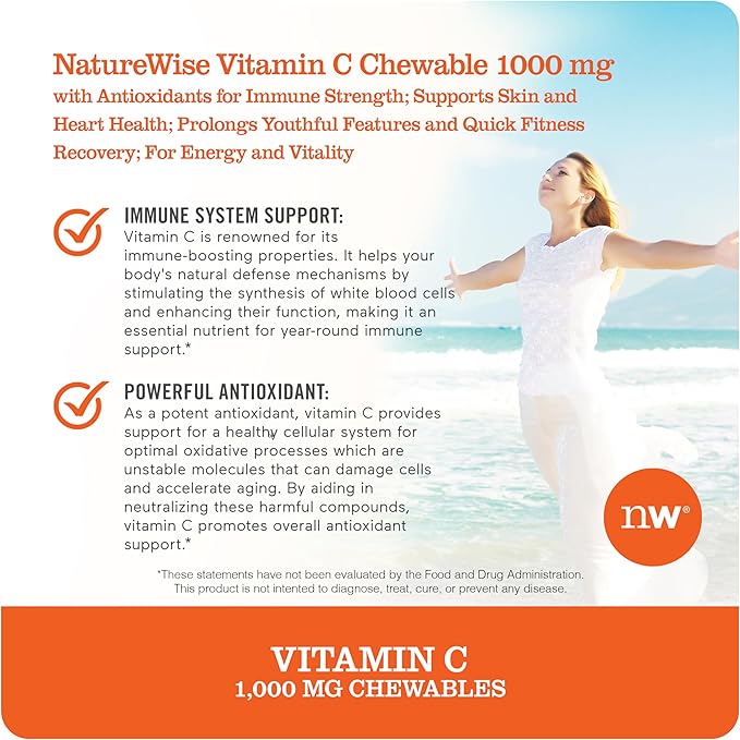 NatureWise Extra Strength Vitamin C Chewable 1000mg for Adults - Natural Orange Flavor - Immune System & Antioxidant Support - Non-GMO, Vegan & Sugar Free - 200 Chewable Tablets[100-Day Supply]