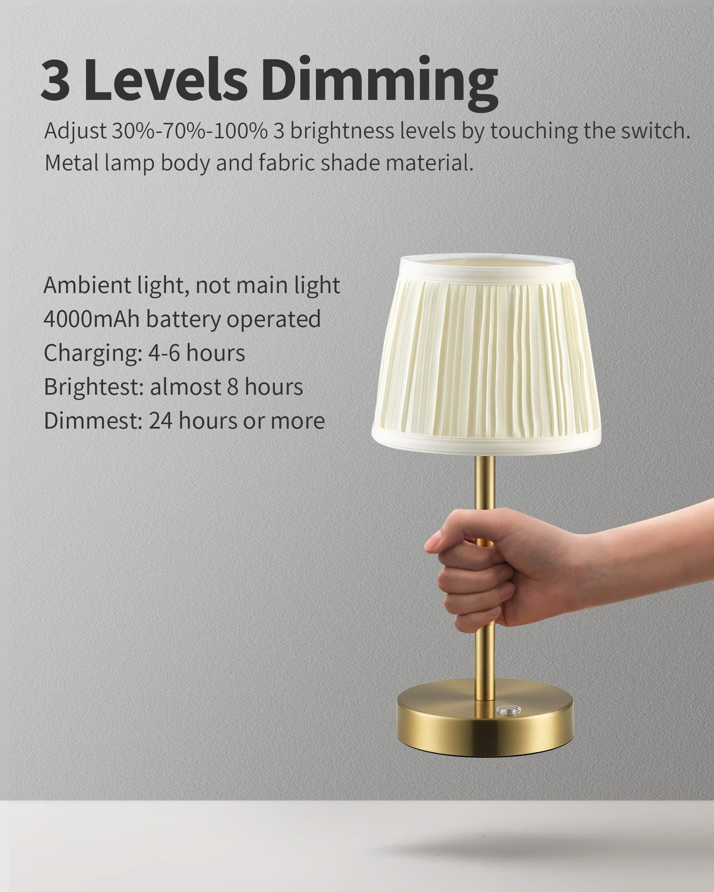 Pusu Cordless Led Gold Table Lamp  Rechargeable 4000Mah 3 Way Dimmable Bedside Small Lamp With Fabric Shade  Lighting For Bedroom  Kids Room  Bathroom  Kitchen  Home Decor  Gift  Night Light