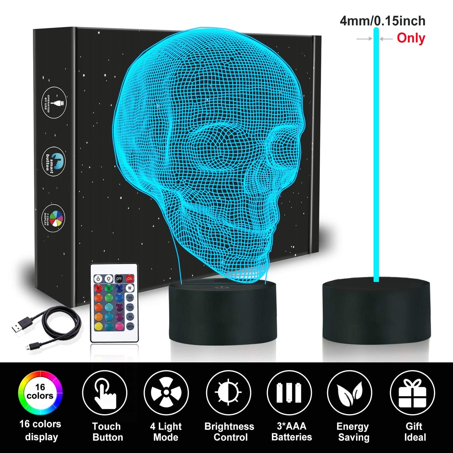 Fullosun Skull 3D Lamp Optical Illusion Night Light  Death Model Holiday Gift For Holloween Ghost Festival  Men Room Night Light With Remote Control 16 Colors Changing