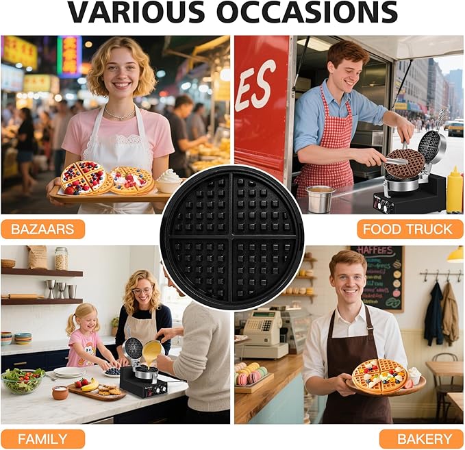 Commercial Waffle Maker for Restaurant, 110V Electric Waffle Maker w/Non-stick and 122–572°F Adjustable Temp, 1200W Profession Waffle Iron with Timer and Heavy Duty, Hotel Waffle Machine