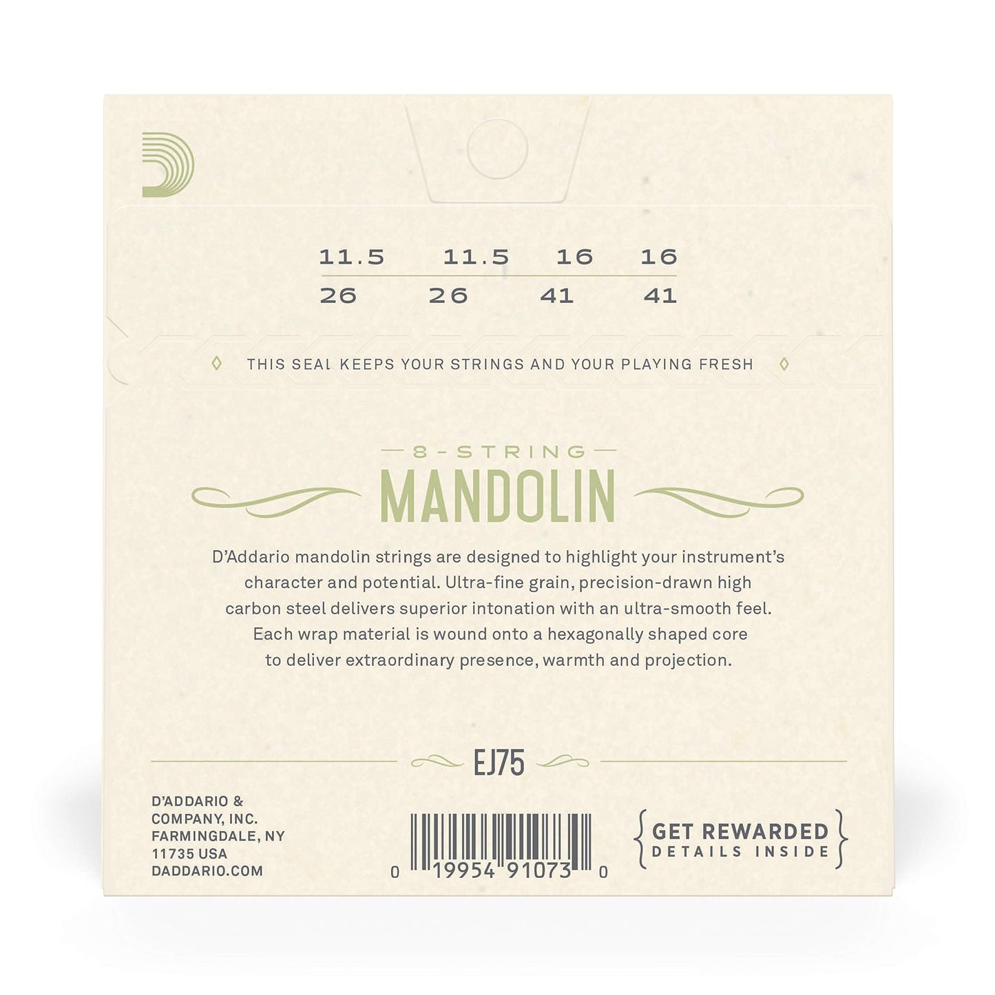 Daddario Mandolin Strings, Phosphor Bronze, Ej75, Medium/Heavy Gauge 11.5-41, 8-String Set, Pack Of 1