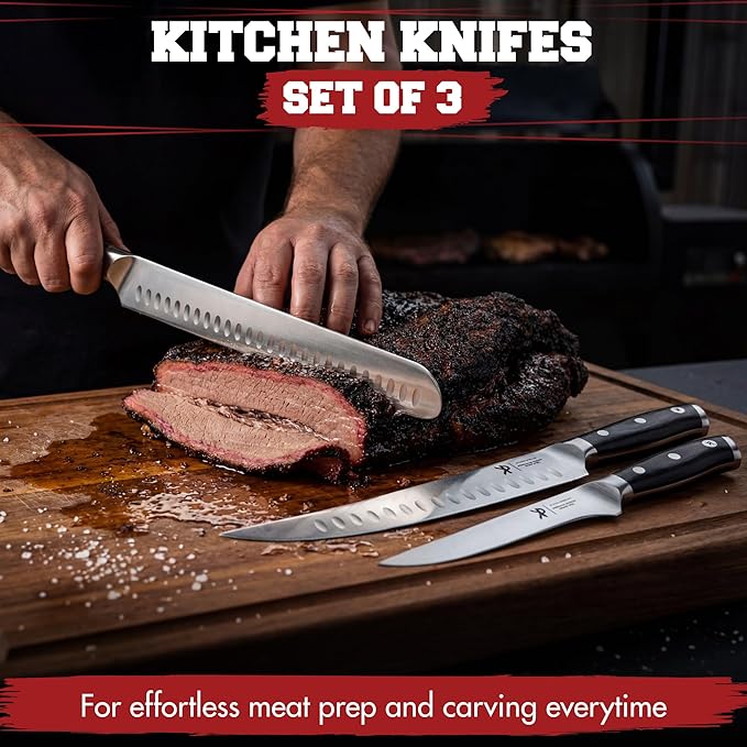 KITCHEN PERFECTION 3-Piece BBQ Slicing & Carving Meat Knife Set -12” Brisket Knife, 10” Butcher Knife, 6” Boning Knife with Sheaths -Razor Sharp German Steel,Full Tang Ergonomic Handles- Gifts for Men