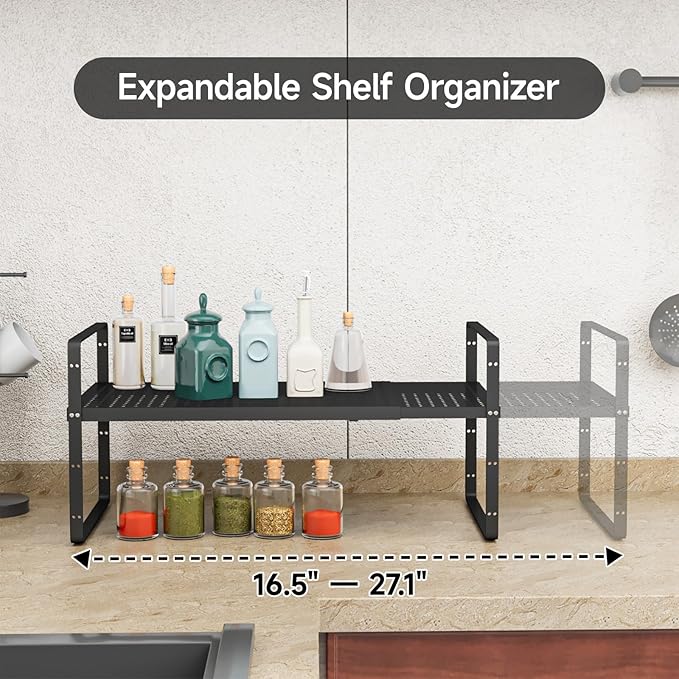 2Pack 16.5-27’’L Expandable Stackable Cabinet Shelves, Adjustable Spice Rack Cabinet Shelf Organizer for Kitchen, Countertop, Pantry and Cupboard, Black