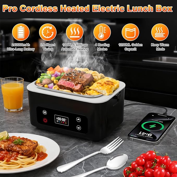 Cordless Electric Heated Lunch Box,Pro 24000mah Heated Lunch Box,Battery Powered, 1.2L Portable Food Heater-3D-5 Side Heating-Intelligent Temperature Control,Suitable For Trucks,Offices,Travel