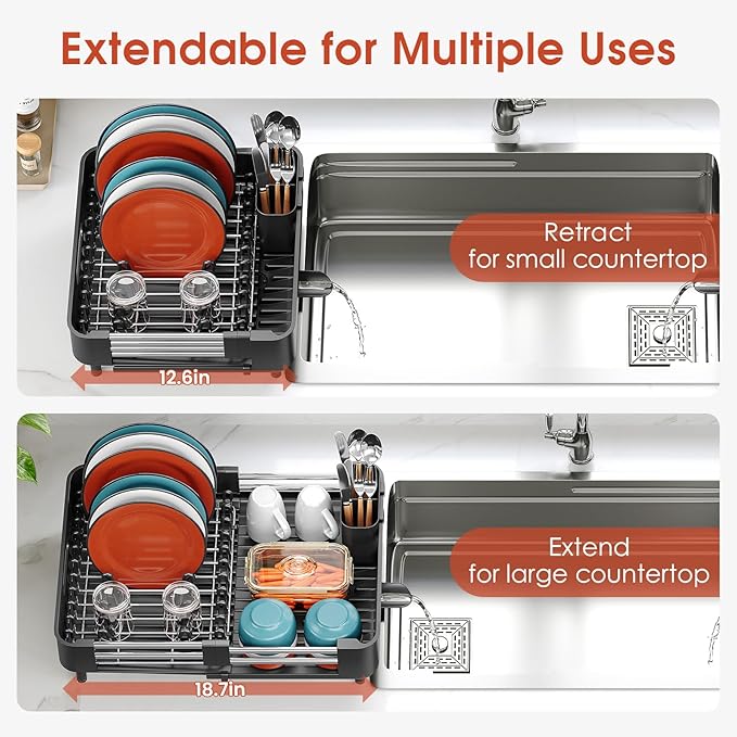 TOOLF Dish Drying Rack for Kitchen Counter, Extendable Dish Rack with Drainboard, Expandable Dish Drainer, Collapsible Dish Strainer with Cutlery Holder, Foldable Countertop Plate Rack, Dark Black