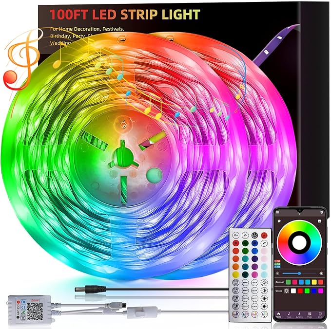 HBOWMDJIA 100ft Led Lights for Bedroom, Led Strip Lights Music Sync Corlor Changing, Led Light Strip with Remote & App Con...