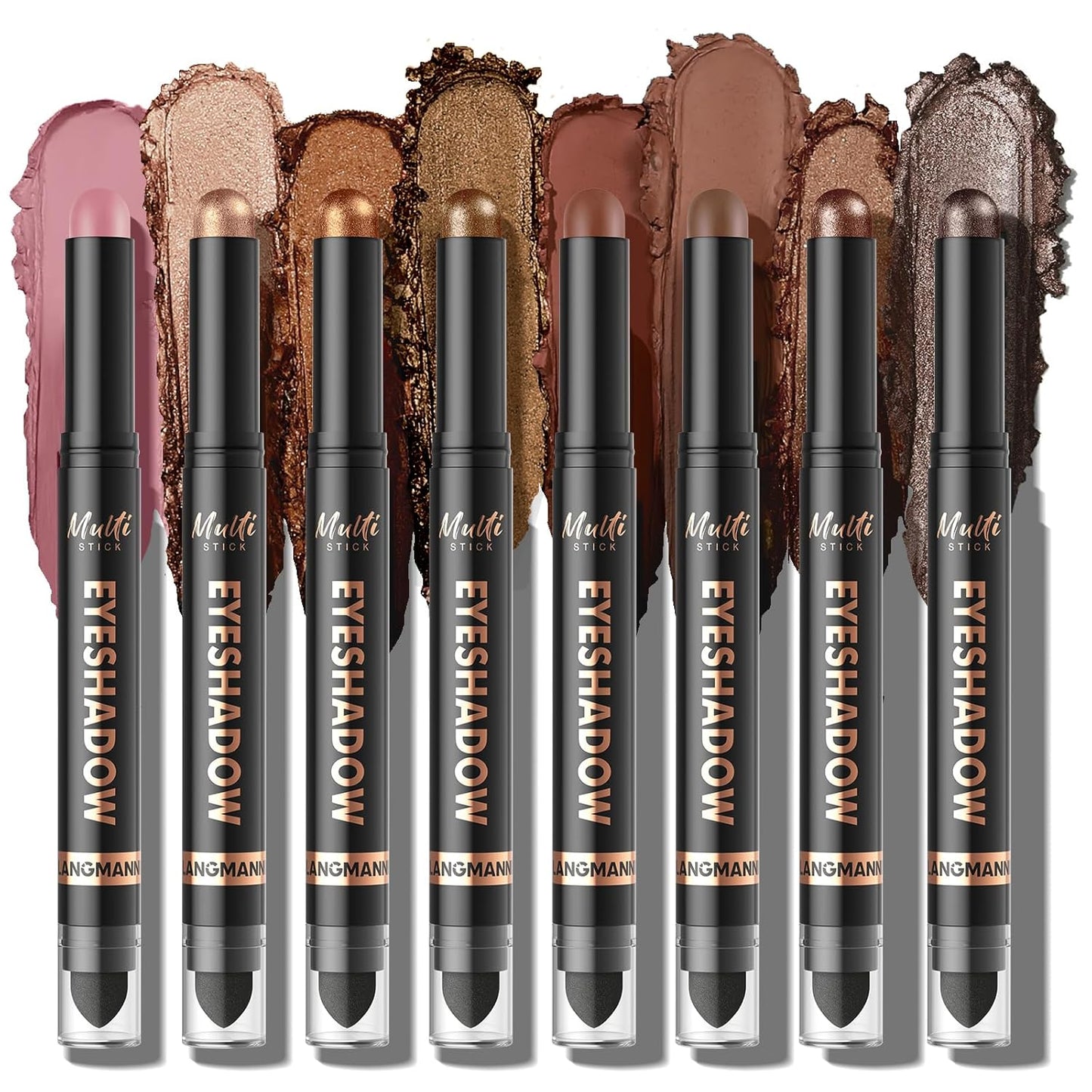 LANGMANNI 8Colors Dual-Ended Eyeshadow Stick Set – Silky Smooth, Waterproof & Transfer-Proof, Built-in Blender Brush, All-Day Matte & Shimmer Wear Eye Makeup(#B)