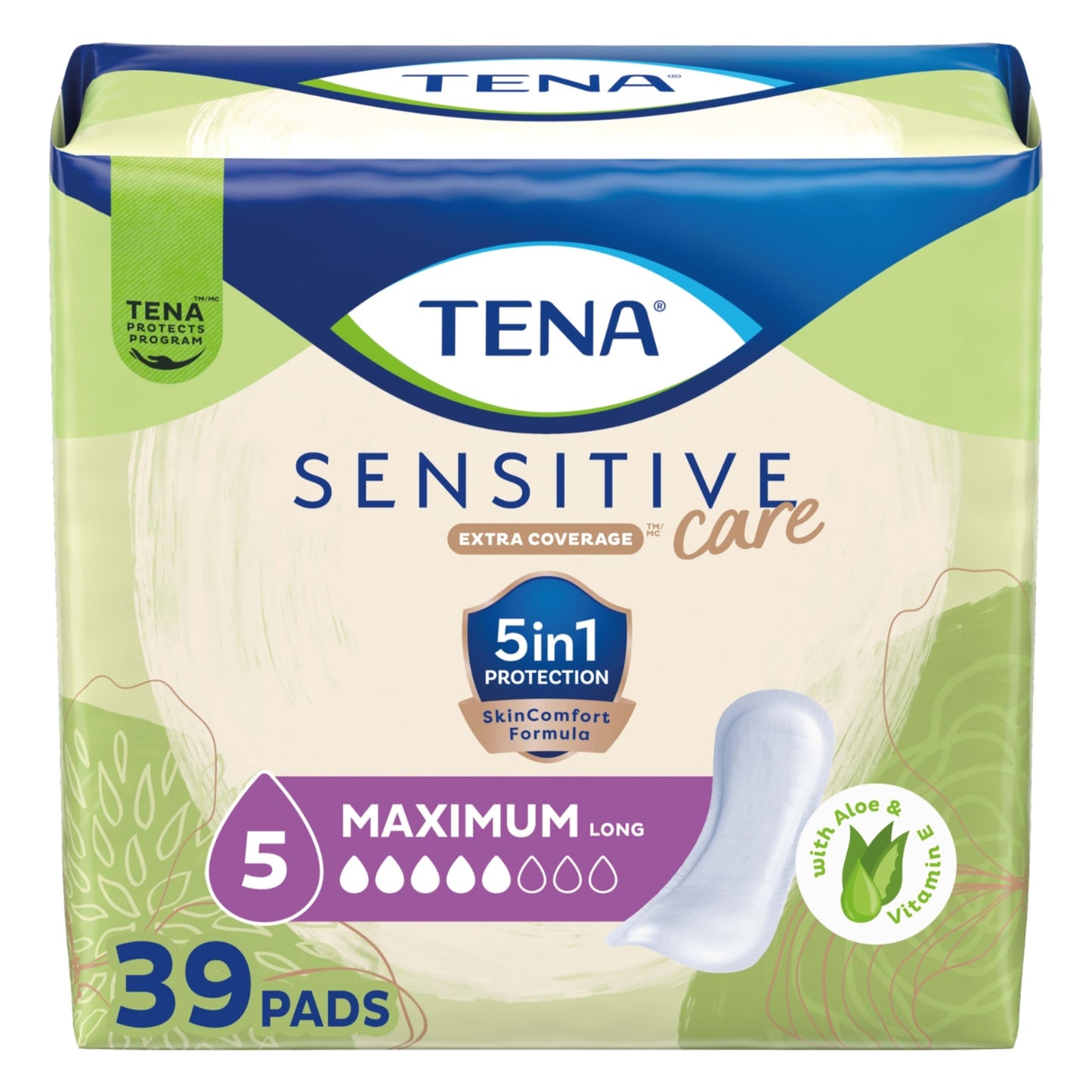 TENA Sensitive Care Maximum Absorbency Incontinence Pads for Women, Bladder Control Pad, Long Length, 39 Count (Packaging May Vary)
