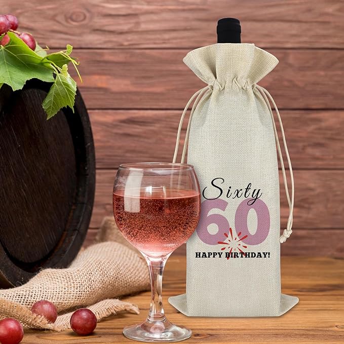 60th Birthday Gift Wine Bag Happy 60th Birthday Gift for Men Women 60 Year Old Birthday Party Decors Turning 60 Gift for Grandma Grandpa Happy Sixty Birthday Burlap Wine Gift Bag Retirement Gift