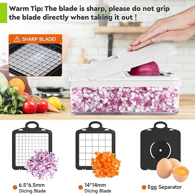 12-in-1 Vegetable Chopper, 7 Blade Veggie Chopper, Practical Food Chopper with Container, Cheese Grater, Home Essentials & Kitchen Gadgets(Black/White)