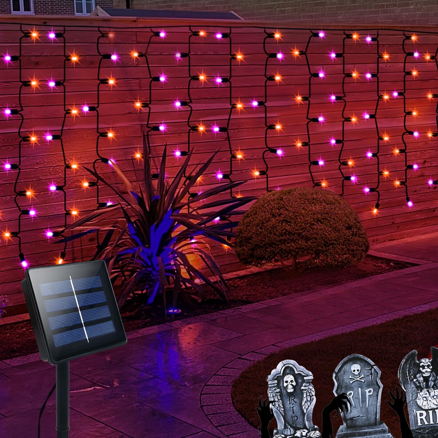 Dbfairy Purple Orange Solar Halloween Curtain Lights 300 Led 19.6Ft X 3.3Ft Waterproof 8 Modes For Outdoor Decoration