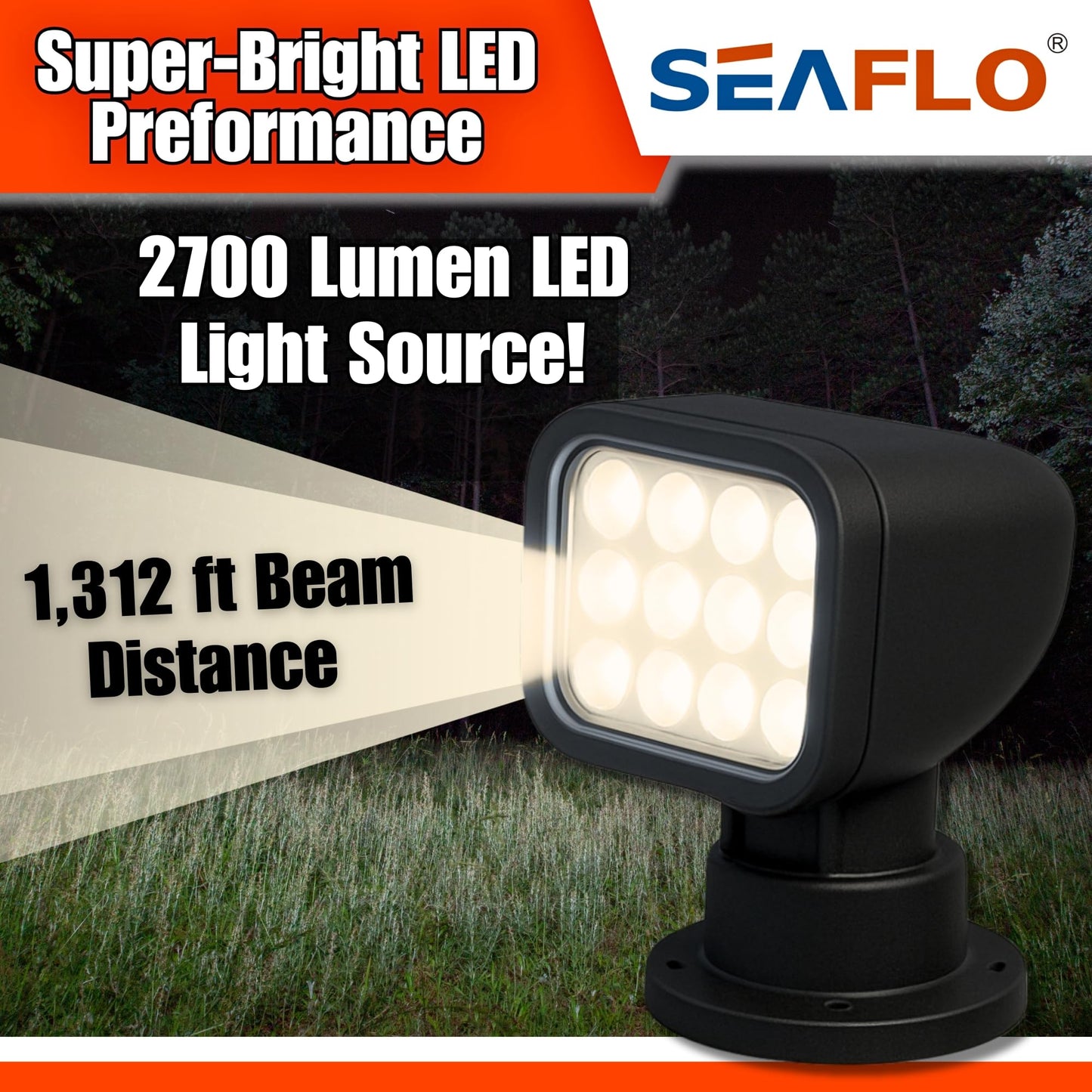 SEAFLO 360° Rotating LED Searchlight, IP66 Waterproof, 10-30V, Wireless Remote, Warm Light 2700K, Black, Model SFSL-2700Y