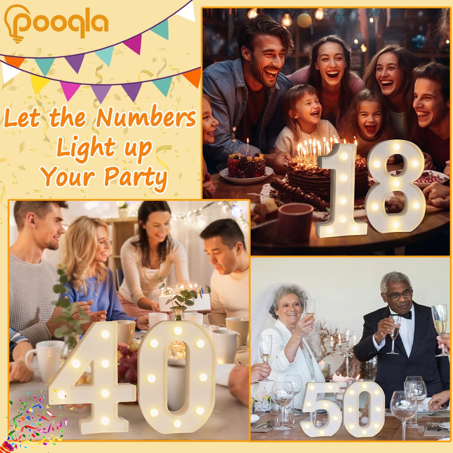 Pooqla Decorative LED Light Up Number Sign, Battery Operated, Warm White, Model JH-NB-02, Marquee Number 2