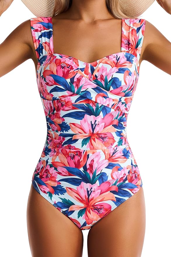 EVOCRCO Womens One Piece Swimsuits Tummy Control Bathing Suits Modest Full Coverage Swimsuit Wide Straps Swimwear