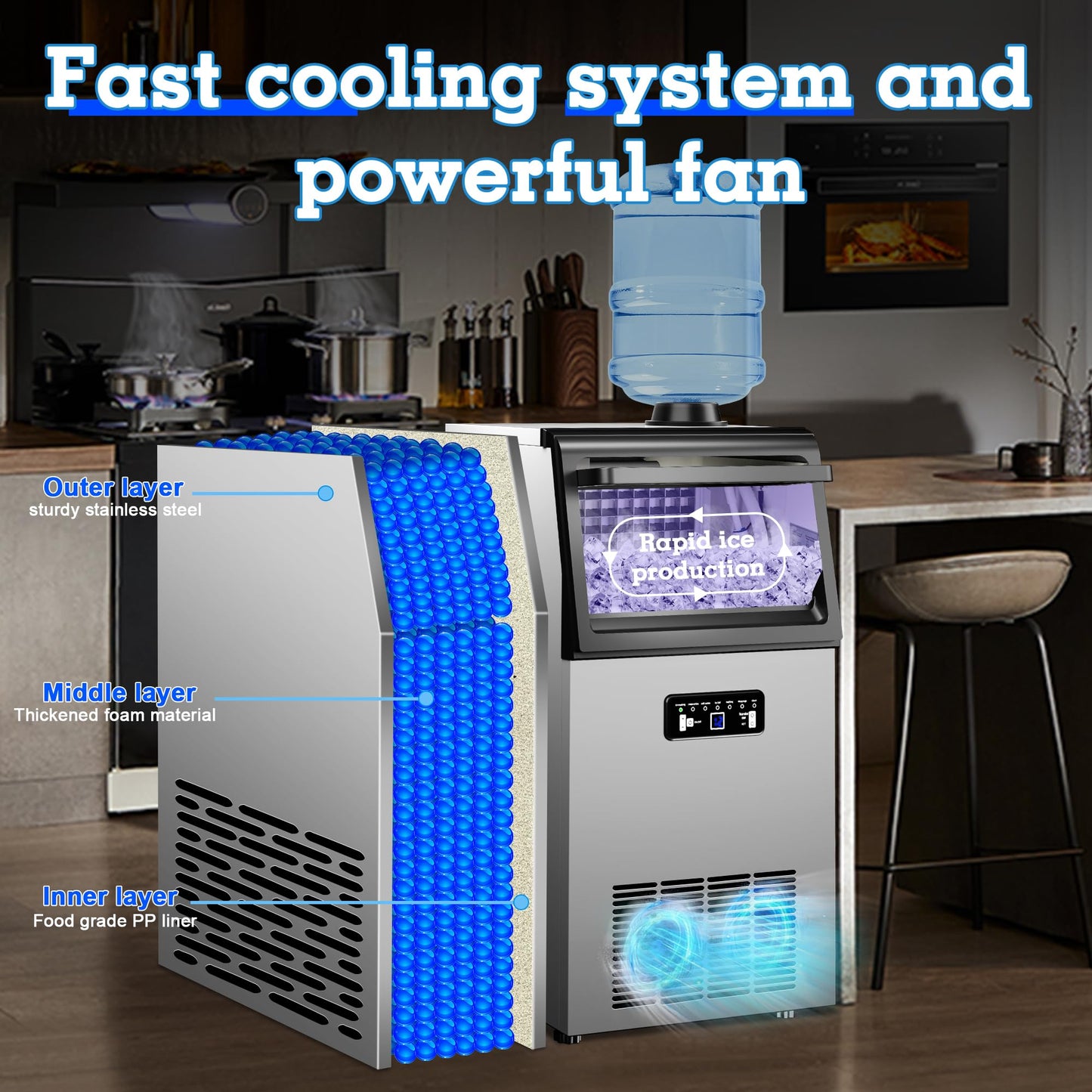 Commercial Ice Maker Machine 120lbs/24H with 22lbs Storage, Stainless Steel Freestanding Ice Machine 2 Water Inlet Modes 40Ice/Cycle, Self-Cleaning Function for Homes Restaurants Bars