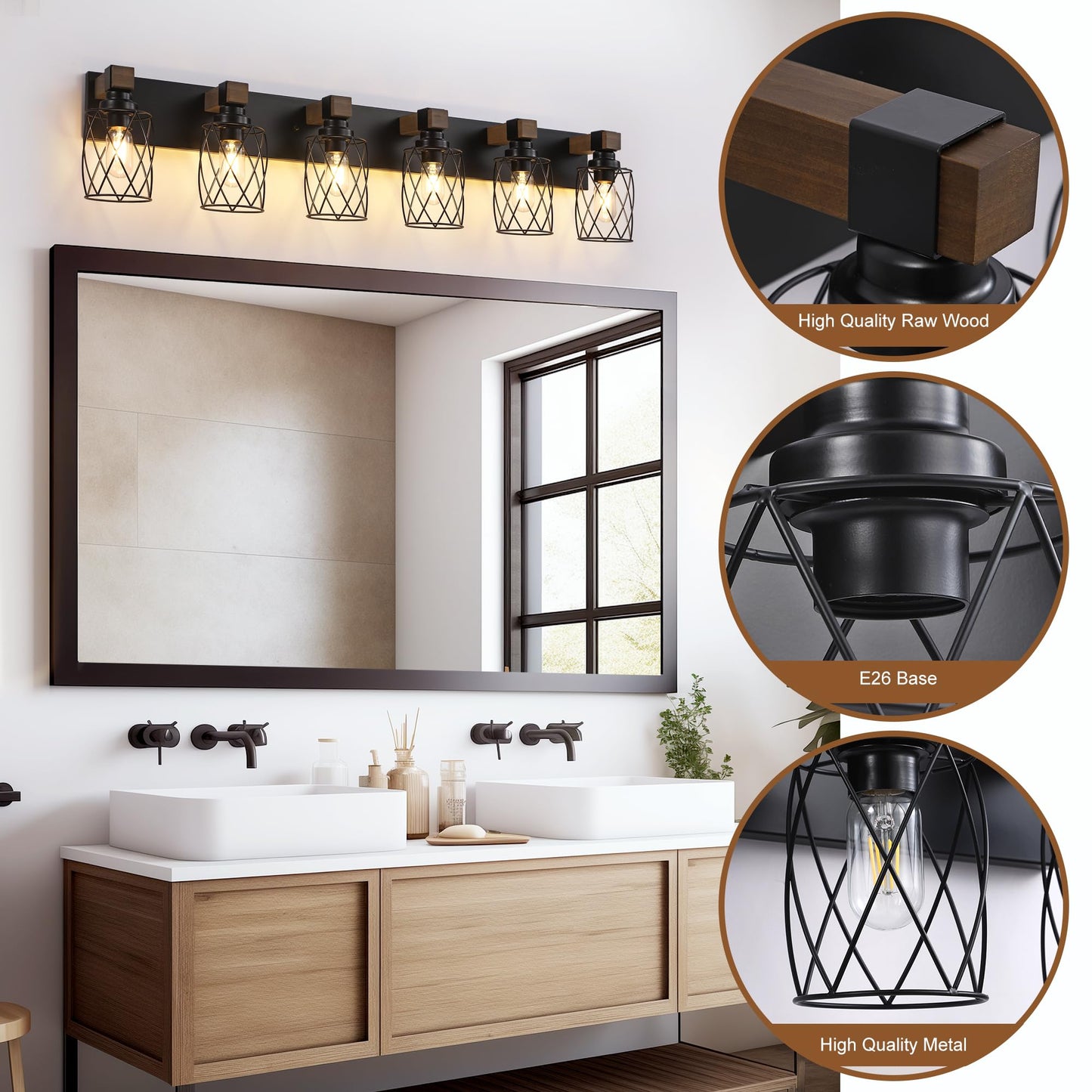 Xvmbvm Farmhouse Bathroom Vanity Light  6-Light Wood Bathroom Light Fixtures Over Mirror  Black Industrial Vanity Lights With Metal Shade  Rustic Bathrooms Lighting For Living Room  Bedroom  Hallway