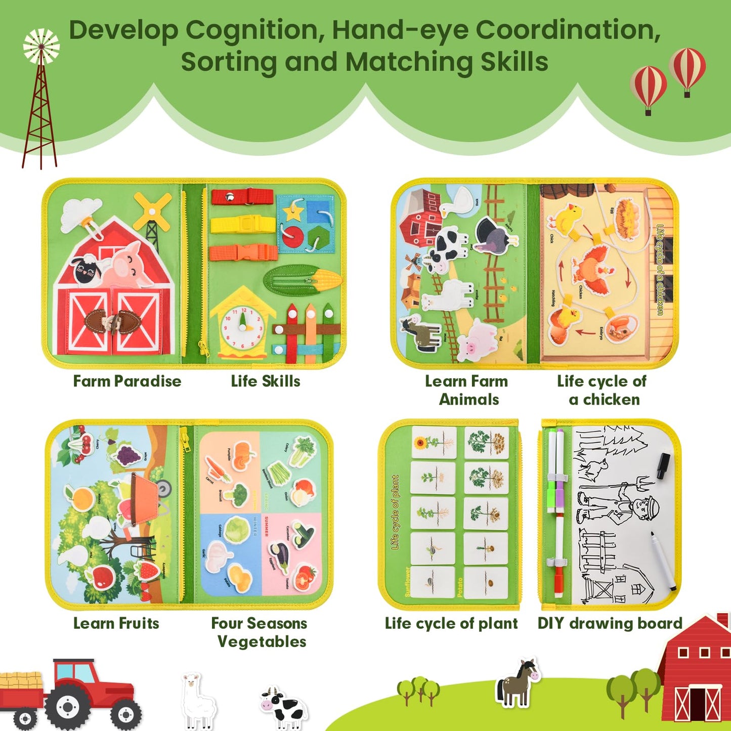 Silouka Toddler Busy Board Montessori Toys, Sensory Board Busy Book for Toddlers 1-3 Birthday Gifts - Preschool Learning Life Skills, Farm Green, 8 Pages