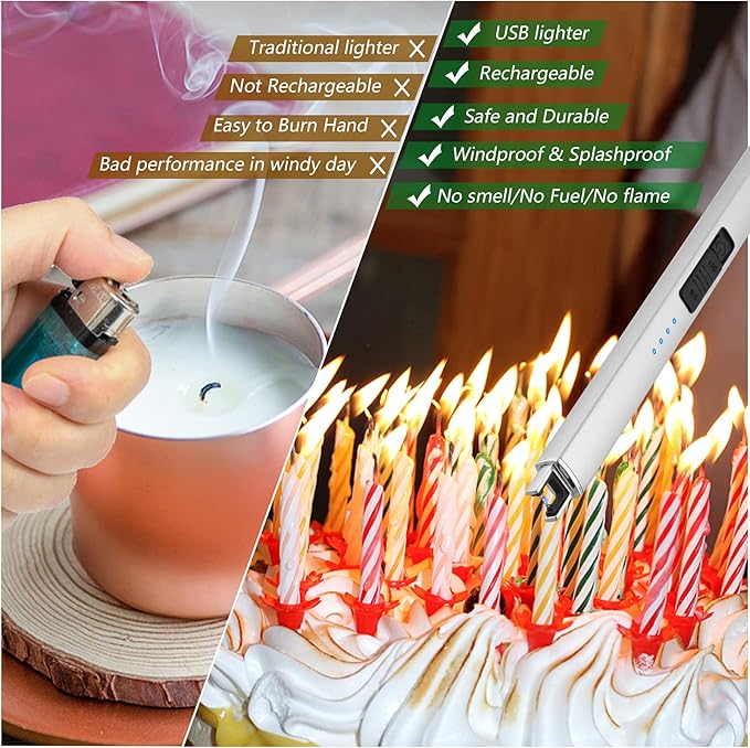 MEIRUBY Electric Candle Lighter, Christmas Stocking Stuffers Gifts for Women Mom Men Wife Sister, USB Arc Rechargeable Windproof Long Lighter for Candle BBQ Housewarming Birthday Gifts Idals