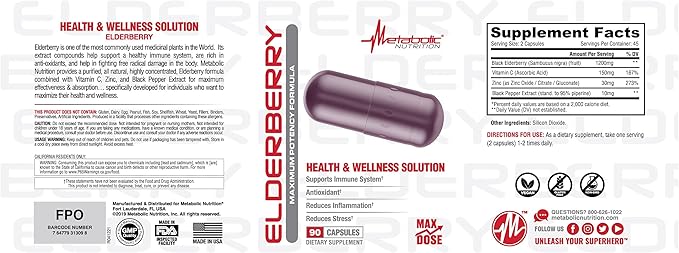 Metabolic Nutrition Elderberry with Vitamin C and Zinc, 1200mg, 90 Vegan Capusles, Supports Immune System, Antioxidant, Reduces Inflammation as Well as Stress Relief