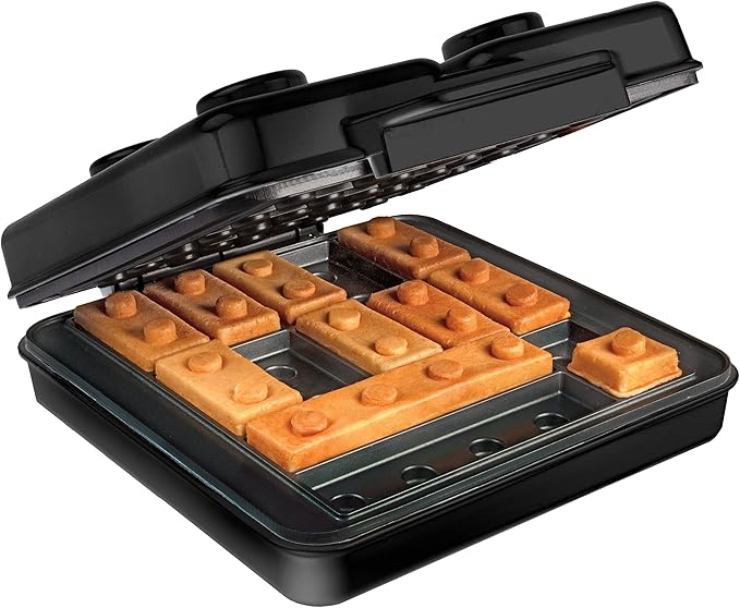 Building Brick Electric Waffle Maker- BLACK with 2 Construction Eating Plates- Cook Fun Buildable Gingerbread Man House Waffles Pancakes- Stack & Build Creations on Serving Dishes, Activity Xmas Gift