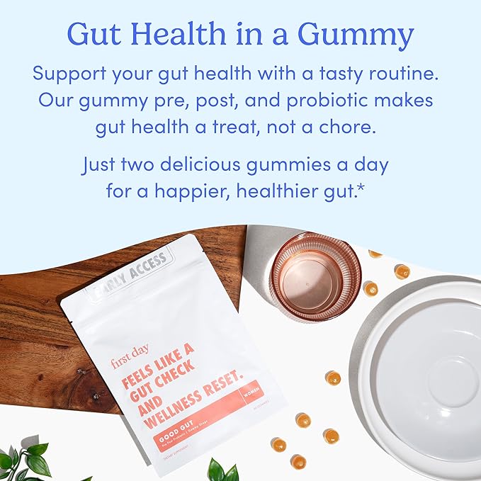FIRST DAY Women’s Good Gut Tribiotic Gummies – 3-in-1 Prebiotic, Probiotic & Postbiotic Supplement – Supports Immune Function and Digestive, Oral, Skin & Vaginal Health – 60-Day Supply