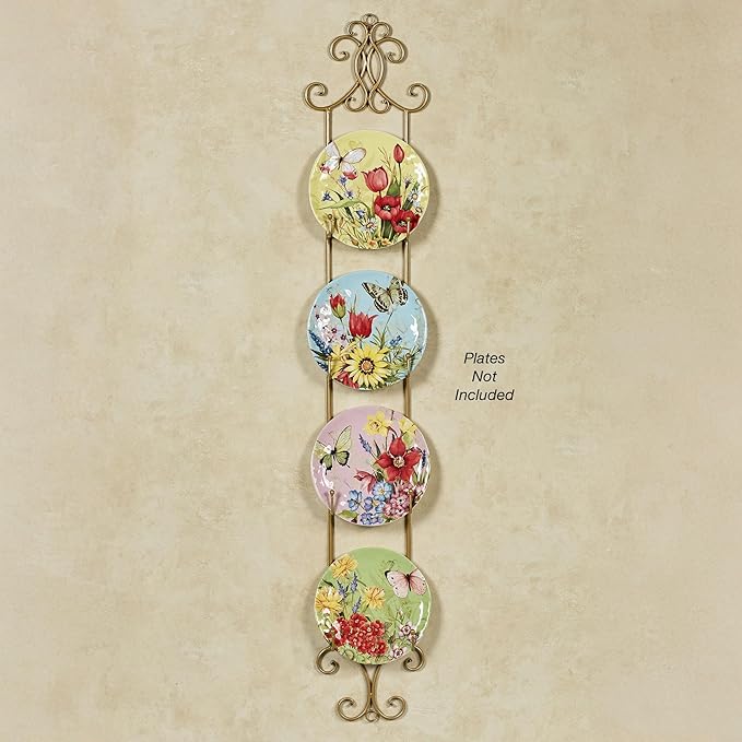 Kanya Gold Four Plate Wall Mount Rack | Four Plate Holder | Plate Display Easel Decor | Openwork Scrolls | Traditional Classic Metal Plate Racks | Square or Round Plates | Kitchen | Dining Room