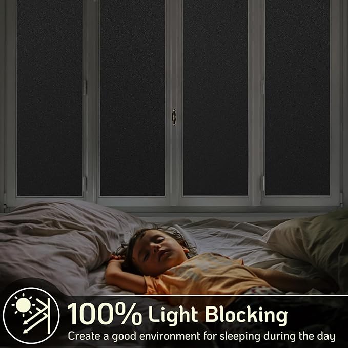 LUTE Blackout Window Film, Sun Light Blocking Frosted Privacy Cling for Glass, Darkening Window Tint for Day Sleep Black Out Shades, UV Blocking Static Cling Blackout Cover, 23.6" x 118.1"