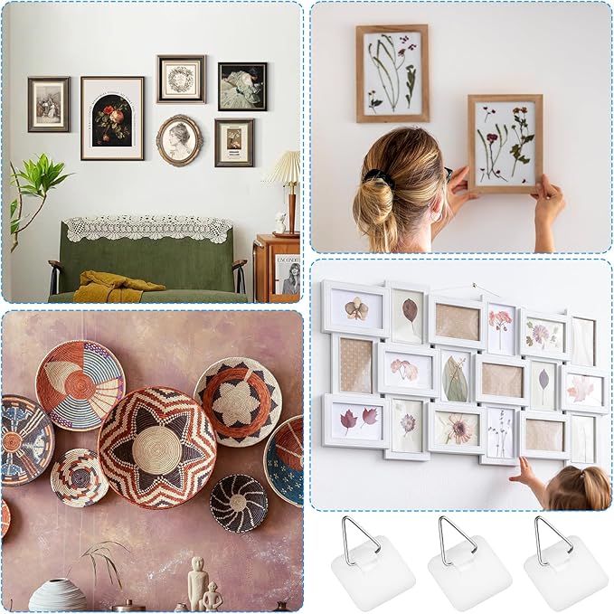 Grevosea 15 Pcs Wall Plate Hangers, Adhesive Picture Hangers Frame Hangers Without Nails Picture Hanging Hooks Plate Holders for Displaying Decorative Plates and Wall Art