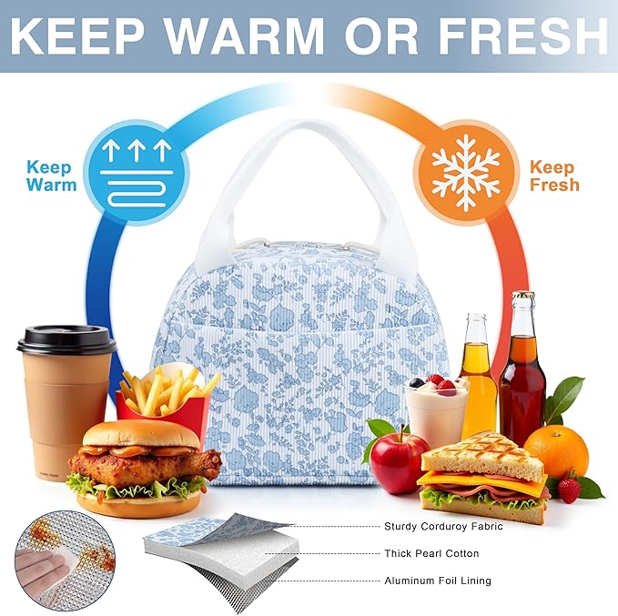 Lunch Bag - Insulated Lunch Box for Women, Reusable Large Capacity Cooler Bag for Adult, Small Leakproof Cute Corduroy Lunch Tote for Work Office Travel Picnic (Corduroy Blue-Flower)