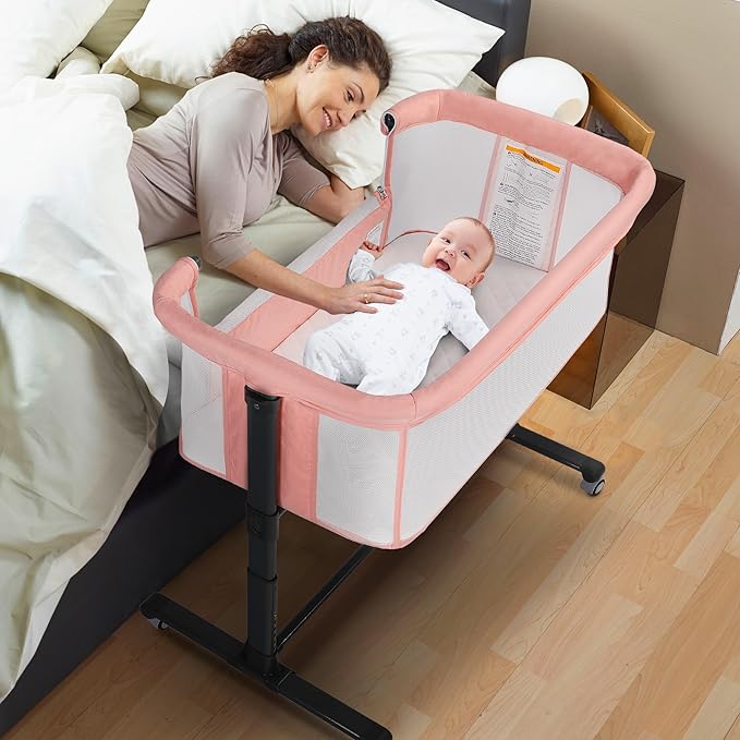 Baby Bassinet Bedside Sleeper, 2 in 1 Folding Portable Newborn Bedside Sleeper, All-Sided Mesh Infant Travel Crib for Toddlers, 6 Adjustable Height, with 4 Wheels, Grey