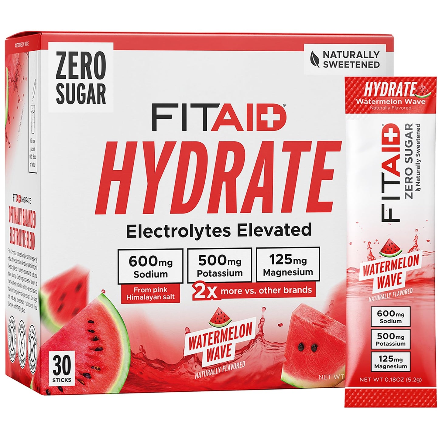 LIFEAID FITAID Hydrate Clean Electrolyte Mix  Zero Sugar  Balanced Electrolyte Ratios: 600mg Sodium  500mg Potassium  125mg Magnesium  Watermelon Wave  for Exercise & Active Hydration  30 Sticks